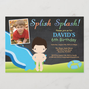 Chalkboard Water Slide Pool Birthday Party Boy Kaart