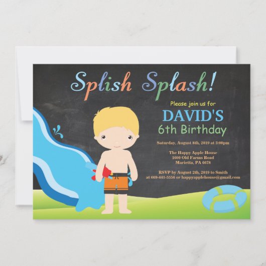 Chalkboard Water Slide Pool Verjaardagsfeest Kaart (Voorkant)