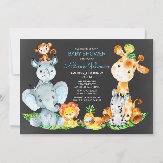 Chalkboard Watercol Cute Safari Oerwoud Baby showe Kaart (Voorkant)