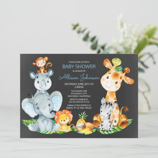 Chalkboard Watercol Cute Safari Oerwoud Baby showe Kaart (Staand voorkant)