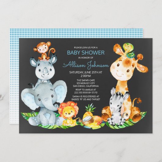 Chalkboard Watercol Cute Safari Oerwoud Baby showe Kaart (Voorkant / Achterkant)