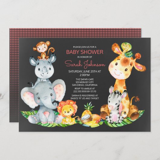 Chalkboard Watercol Cute Safari Oerwoud Baby showe Kaart (Voorkant / Achterkant)