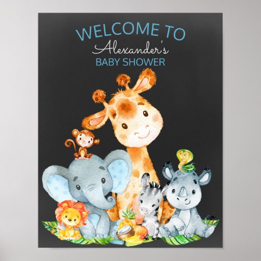 Chalkboard Watercol Cute Safari Oerwoud Baby showe Poster (Voorkant)