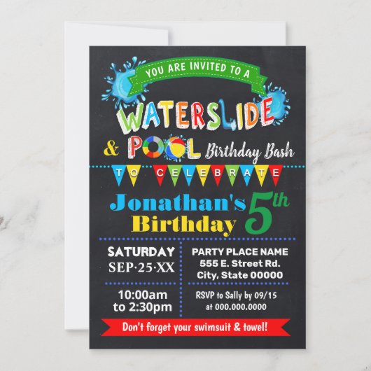 Chalkboard Waterslide Pool Birthday Party Bash Kaart (Voorkant)