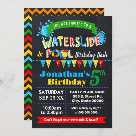 Chalkboard Waterslide Pool Birthday Party Bash Kaart (Voorkant / Achterkant)