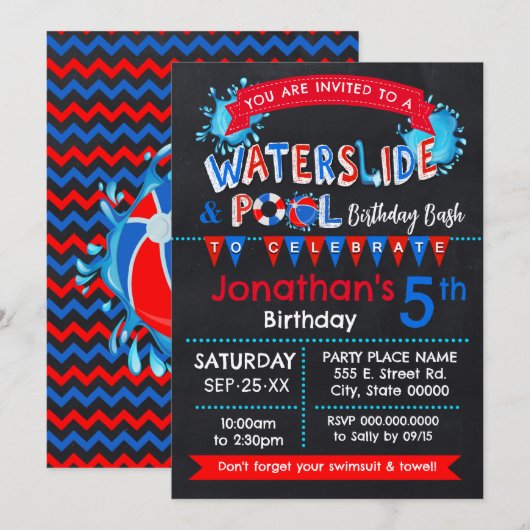 Chalkboard Waterslide Zwembad Verjaardagsfeestje B Kaart (Voorkant / Achterkant)