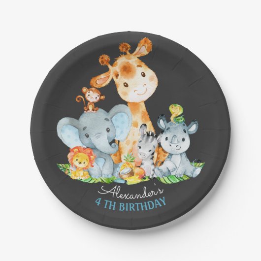 Chalkboard Waterverf Cute Safari Animals Birthday Papieren Bordje (Voorkant)