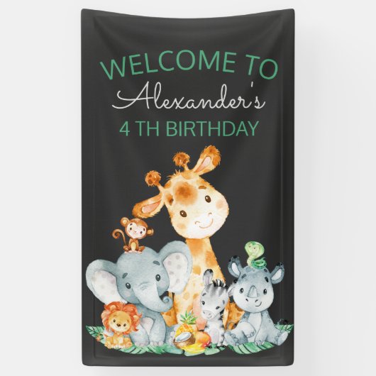 Chalkboard Waterverf Cute Safari Animals Birthday Spandoek (Verticaal)