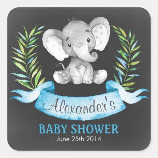 Chalkboard Waterverf Elephant Boy Baby shower Vierkante Sticker (Voorkant)
