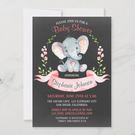 Chalkboard Waterverf Elephant Girl Baby shower Kaart (Voorkant)