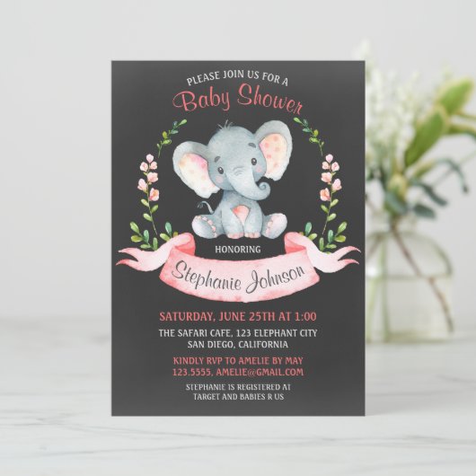 Chalkboard Waterverf Elephant Girl Baby shower Kaart (Staand voorkant)