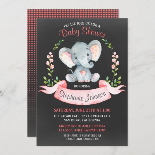 Chalkboard Waterverf Elephant Girl Baby shower Kaart (Voorkant / Achterkant)