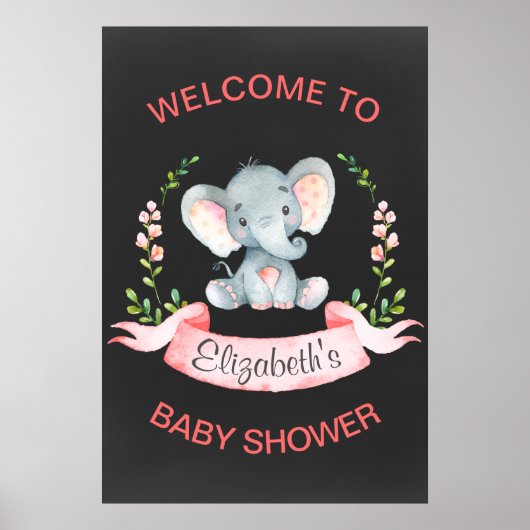 Chalkboard Waterverf Elephant Girl Baby shower Poster (Voorkant)