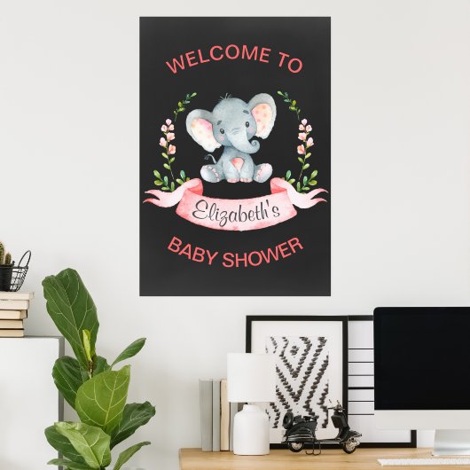 Chalkboard Waterverf Elephant Girl Baby shower Poster (Thuiskantoor)