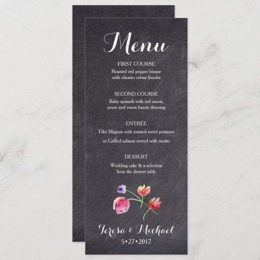 Chalkboard Waterverf Flower Menu kaart rustiek (Voorkant / Achterkant)