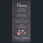 Chalkboard Waterverf Flower Menu kaart rustiek<br><div class="desc">Verhoog uw bruiloft receptie met onze Chalkboard Waterverf Flower Menu Kaart, het mengen van rustieke charme met artistieke elegantie. Deze menukaart is voorzien van delicate waterverven op een grimmige krijtbordachtergrond, waardoor een opvallend contrast ontstaat dat uw gasten zal boeien en uw huwelijksdecor naadloos zal aanvullen. Perfect voor elk trouwthema dat...</div>