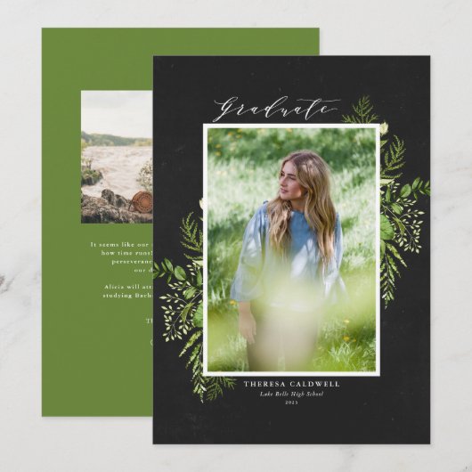 Chalkboard Waterverf Foliage Foto Afstuderen Aankondiging (Voorkant / Achterkant)