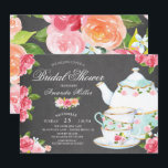 Chalkboard Waterverf Foral Tea Vrijgezellenfeest Kaart<br><div class="desc">Waterverf vrijgezellenfeest-theepartijuitnodiging met prachtige  theepot & bekertjes met roze bloemen op een populaire chalkboardachtergrond.</div>