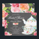 Chalkboard Waterverf Foral Tea Vrijgezellenfeest Kaart<br><div class="desc">Waterverf vrijgezellenfeest-theepartijuitnodiging met prachtige  theepot & bekertjes met roze bloemen op een populaire chalkboardachtergrond.</div>