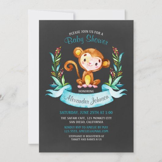 Chalkboard Waterverf Monkey Boy Baby shower Kaart (Voorkant)