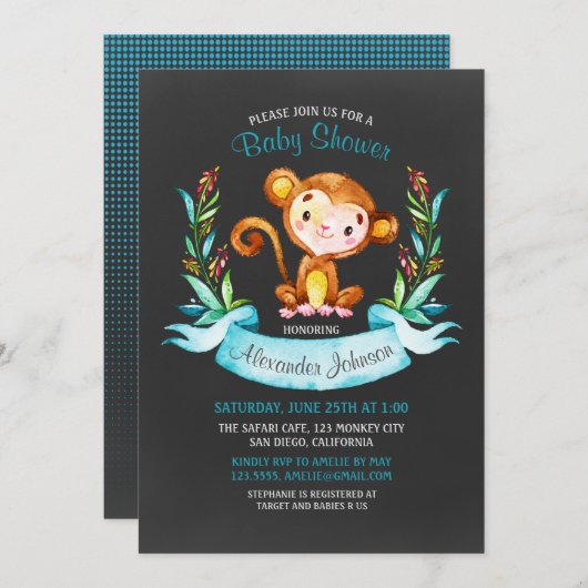 Chalkboard Waterverf Monkey Boy Baby shower Kaart (Voorkant / Achterkant)