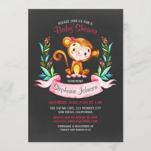 Chalkboard Waterverf Monkey Girl Baby shower Kaart