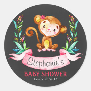 Chalkboard Waterverf Monkey Girl Baby shower Ronde Sticker