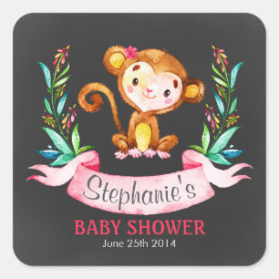 Chalkboard Waterverf Monkey Girl Baby shower Vierkante Sticker
