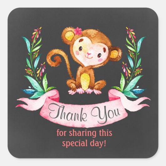 Chalkboard Waterverf Monkey Girl Hartelijk dank Vierkante Sticker (Voorkant)