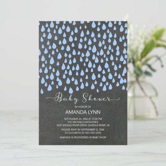 Chalkboard Waterverf Raindrops Boys Baby shower Kaart (Staand voorkant)