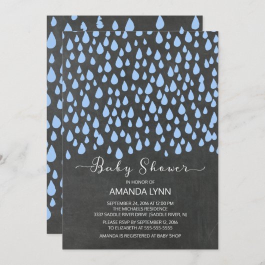 Chalkboard Waterverf Raindrops Boys Baby shower Kaart (Voorkant / Achterkant)