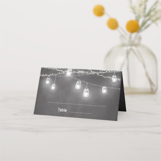 Chalkboard Wedding Black White String Lights Plaatskaartje (Voorkant)