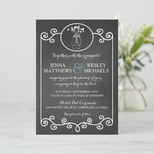 Chalkboard Wedding Invitation Rustic Mason Jar Kaart (Staand voorkant)
