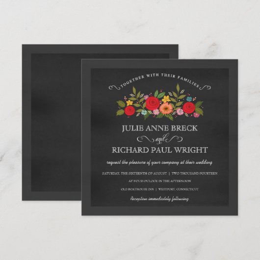 Chalkboard Wedding Invitting - Red Roses Kaart (Voorkant / Achterkant)