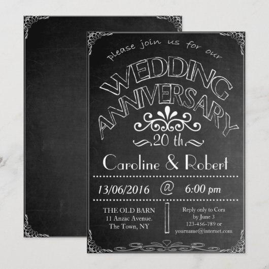 Chalkboard Wedding Jubileum Uitnodiging 20th (Voorkant / Achterkant)