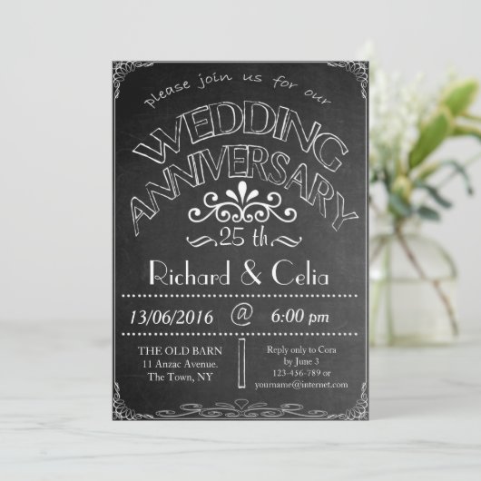 Chalkboard Wedding Jubileum Uitnodiging 25th (Staand voorkant)