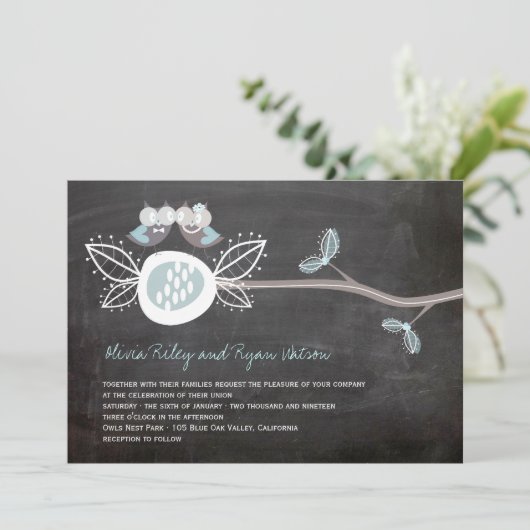 Chalkboard Wedding Owls Woodland Rustic Invite Kaart (Staand voorkant)