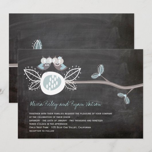 Chalkboard Wedding Owls Woodland Rustic Invite Kaart (Voorkant / Achterkant)
