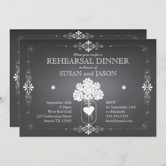 Chalkboard Wedding Rehearsal Dinner Mason Jar Kaart (Voorkant / Achterkant)