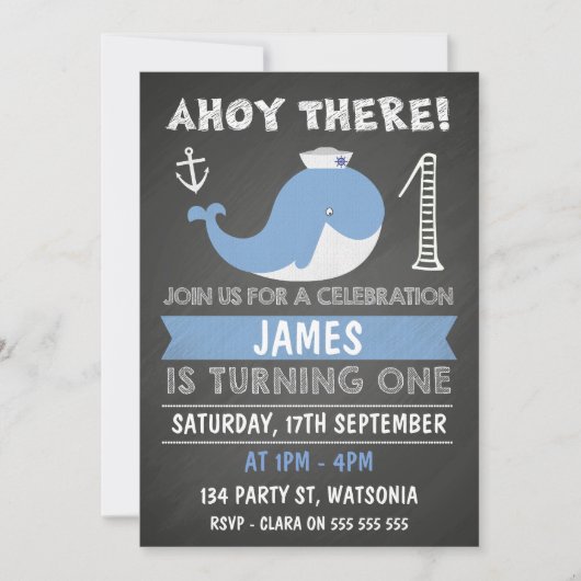 Chalkboard Whale Anchor 1st Birthday Uitnodiging (Voorkant)