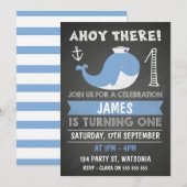 Chalkboard Whale Anchor 1st Birthday Uitnodiging (Voorkant / Achterkant)