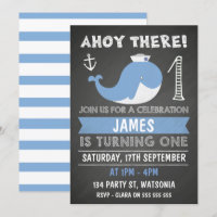 Chalkboard Whale Anchor 1st Birthday Uitnodiging