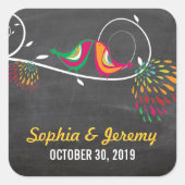 Chalkboard Whimsical Kissing Zomer Vogels Bruiloft Vierkante Sticker (Voorkant)