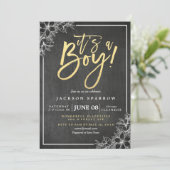 Chalkboard White Floral Gold Script Baby shower Kaart (Staand voorkant)