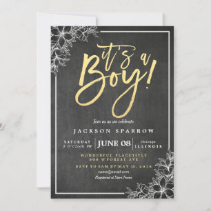 Chalkboard White Floral Gold Script Baby shower Kaart