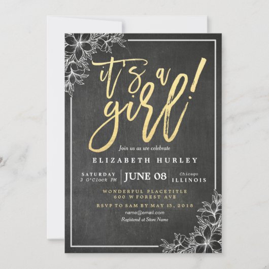 Chalkboard White Floral Gold Script Baby shower Kaart (Voorkant)