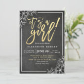Chalkboard White Floral Gold Script Baby shower Kaart (Staand voorkant)