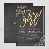 Chalkboard White Floral Gold Script Baby shower Kaart (Voorkant / Achterkant)