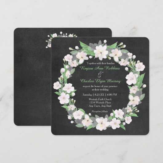 Chalkboard White Floral Wreath Wedding Invitation Kaart (Voorkant / Achterkant)