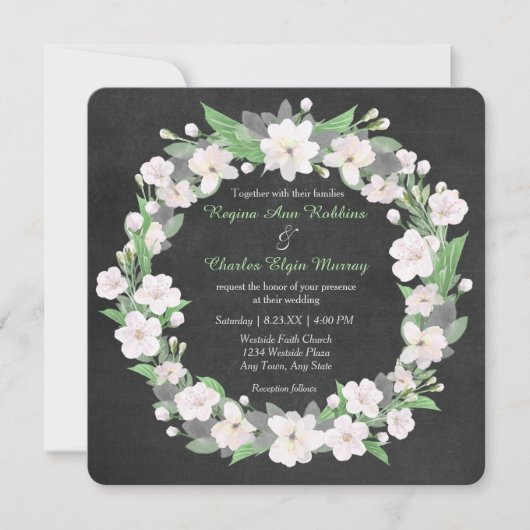 Chalkboard White Floral Wreath Wedding Invitation Kaart (Voorkant)